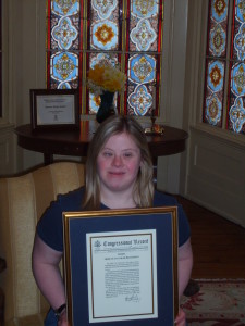 Sarah with the Proclamation entering her NDSS 2011 Advocate of the Year Award into the Congressional Record